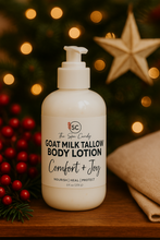 Load image into Gallery viewer, Goat milk tallow body lotion bottle with festive background
